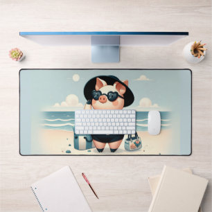 Cute Pig in Polka Dot Swimsuit at the Beach Desk Mat