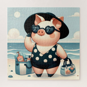 Cute Pig in Polka Dot Swimsuit at the Beach Jigsaw Puzzle