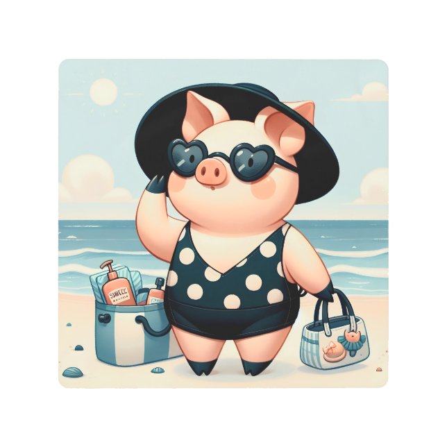 Cute Pig in Polka Dot Swimsuit at the Beach Metal Print (Front)