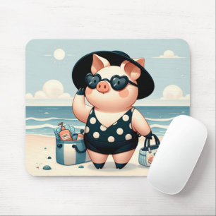 Cute Pig in Polka Dot Swimsuit at the Beach Mouse Pad