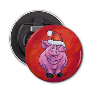 Cute Pig in Santa Hat on Red Bottle Opener