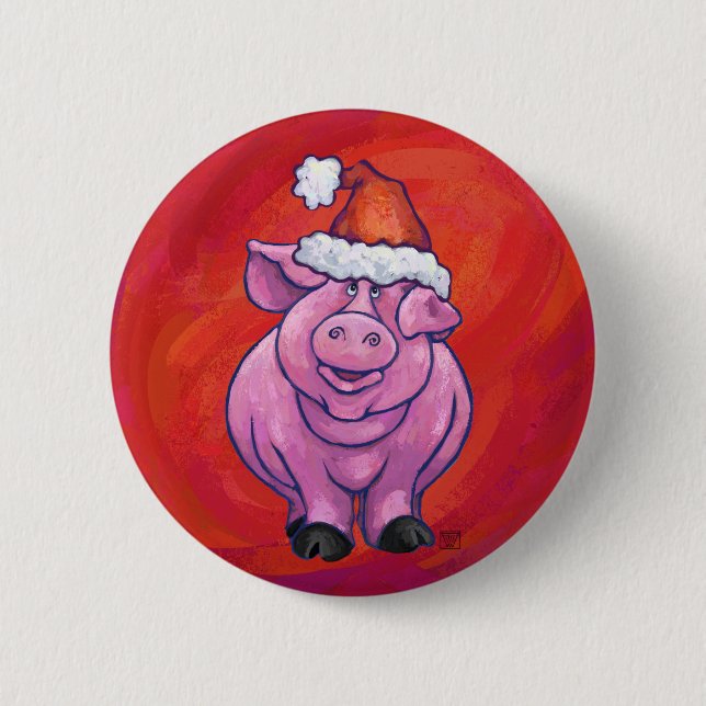 Cute Pig in Santa Hat on Red Button (Front)