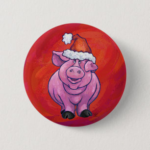 Cute Pig in Santa Hat on Red Button