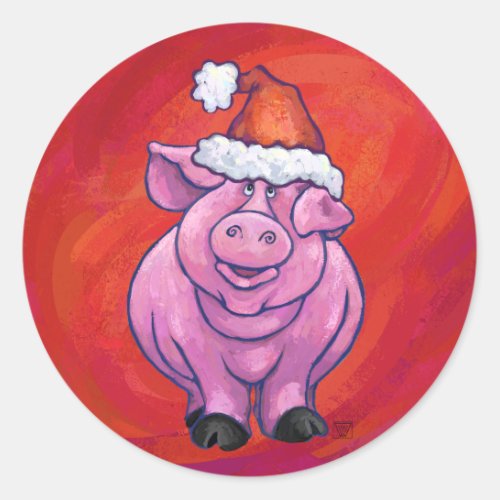 Cute Pig in Santa Hat on Red Classic Round Sticker