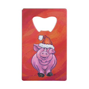 Cute Pig in Santa Hat on Red Credit Card Bottle Opener