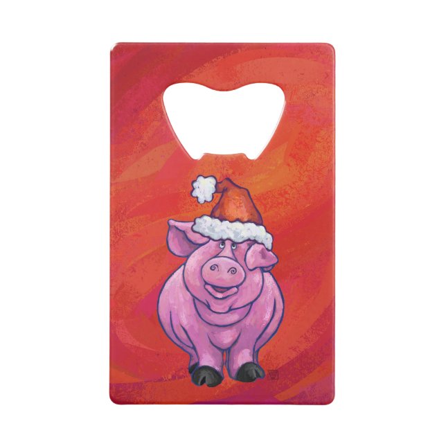 Cute Pig in Santa Hat on Red Credit Card Bottle Opener (Front)
