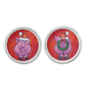 Cute Pig in Santa Hat on Red Cufflinks