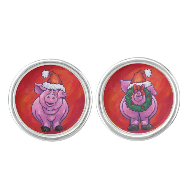 Cute Pig in Santa Hat on Red Cufflinks (Front)