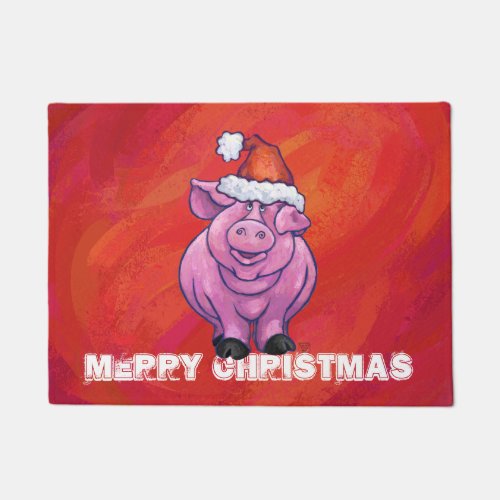 Cute Pig in Santa Hat on Red Doormat
