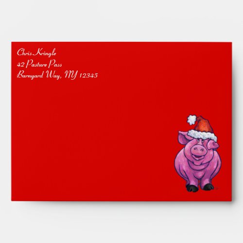 Cute Pig in Santa Hat on Red Envelope