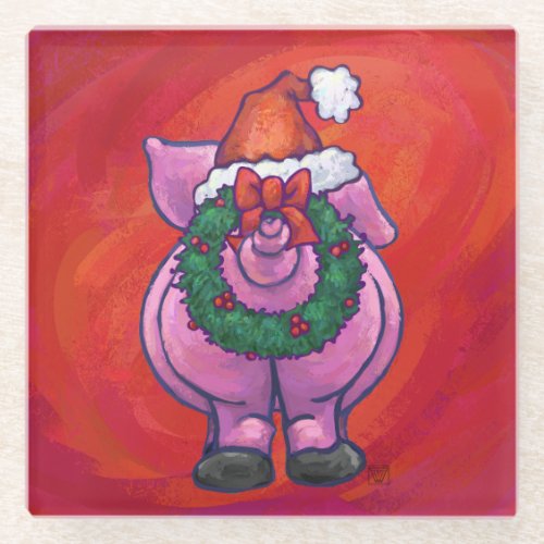 Cute Pig in Santa Hat on Red Glass Coaster