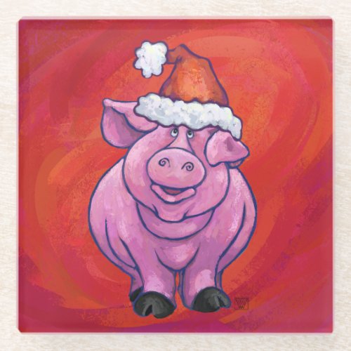 Cute Pig in Santa Hat on Red Glass Coaster