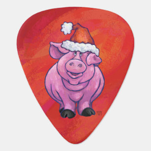 Cute Pig in Santa Hat on Red Guitar Pick