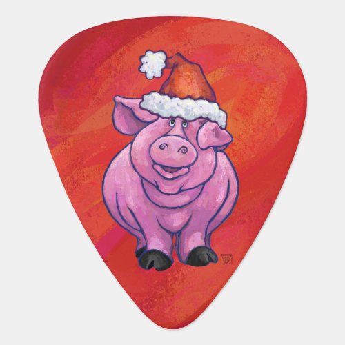 Cute Pig in Santa Hat on Red Guitar Pick
