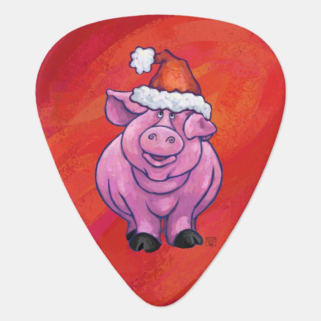 Cute Pig in Santa Hat on Red Guitar Pick (Front)