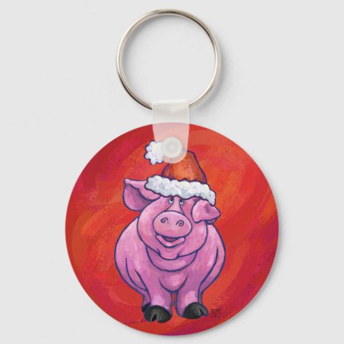 Cute Pig in Santa Hat on Red Keychain