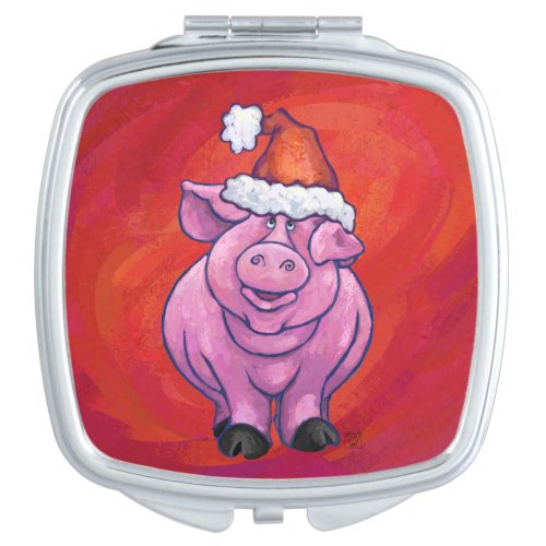 Cute Pig in Santa Hat on Red Makeup Mirror