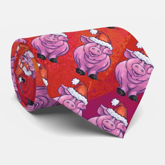 Cute Pig in Santa Hat on Red Neck Tie (Rolled)