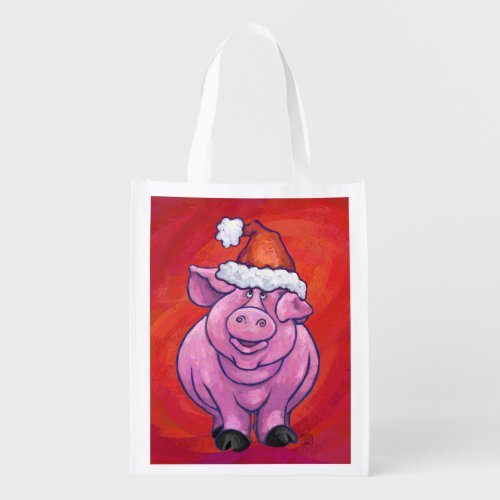 Cute Pig in Santa Hat on Red Reusable Grocery Bag