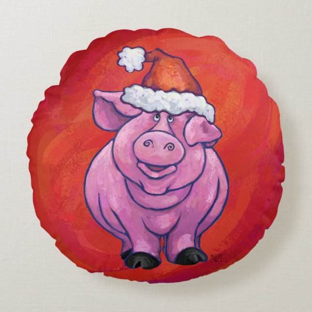 Cute Pig in Santa Hat on Red Round Pillow (Front)