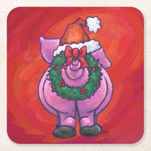 Cute Pig in Santa Hat on Red Square Paper Coaster