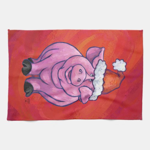 Cute Pig in Santa Hat on Red Towel