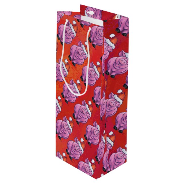 Cute Pig in Santa Hat on Red Wine Gift Bag (Front Angled)