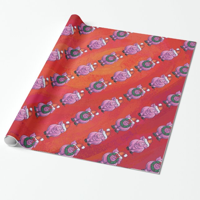 Cute Pig in Santa Hat on Red Wrapping Paper (Unrolled)