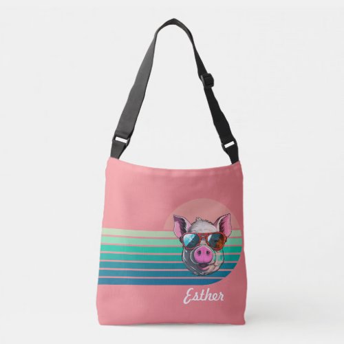 Cute Pig in Sunglasses Custom Floral Name Stripe Crossbody Bag