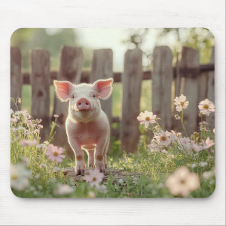 Cute Pig in the Flower Garden Mouse Pad