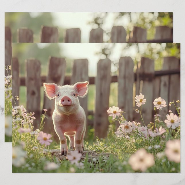 Cute Pig in the Flower Garden Scrapbook Paper (Front/Back)