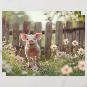 Cute Pig in the Flower Garden Scrapbook Paper