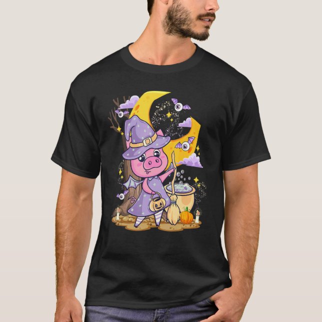 Cute Pig Love Halloween Witch Hat Piggy  Costume T-Shirt (Front)