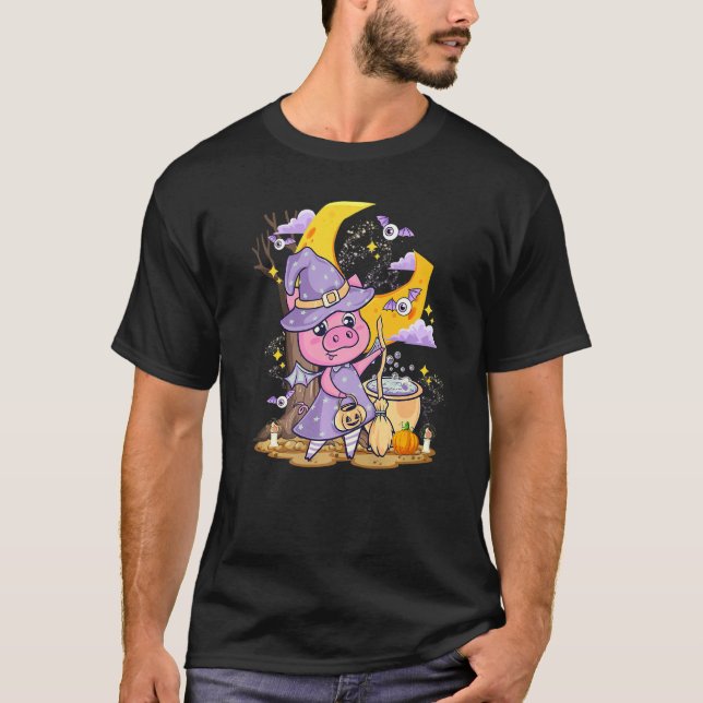 Cute Pig Love Halloween Witch Hat Piggy Costume T-Shirt (Front)