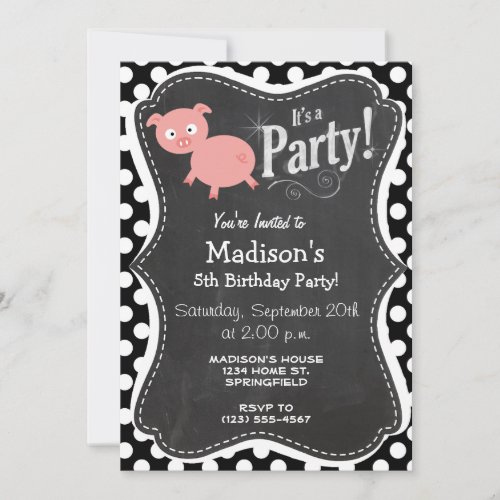 Cute Pig on Black and White Polka Dots Personalized Announcement