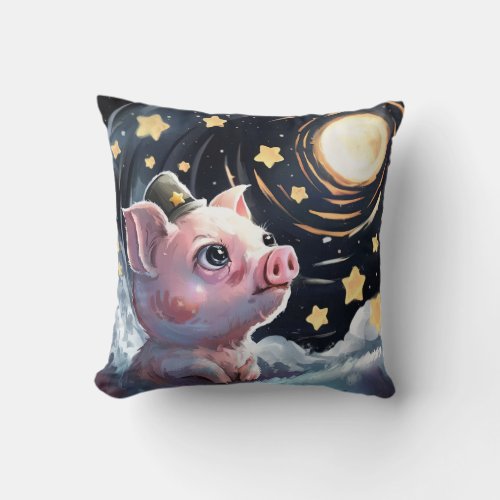 Cute Pig on Clouds Looking at Starry Full Moon Throw Pillow