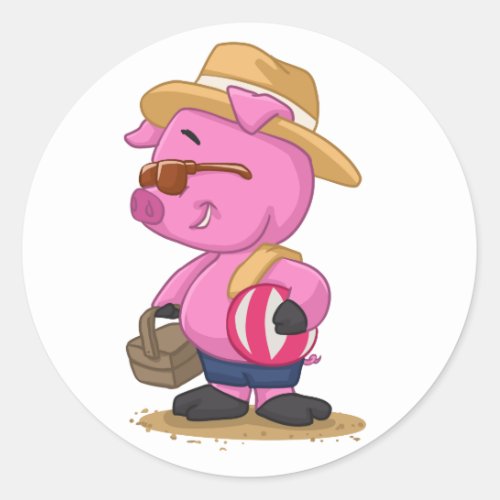 Cute pig on sand beach  choose background color classic round sticker