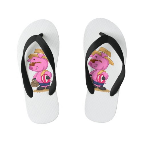 Cute pig on sand beach  choose background color kids flip flops