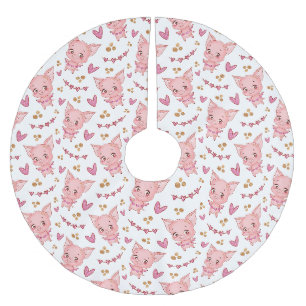 Cute Pig Pattern With Hearts Brushed Polyester Tree Skirt