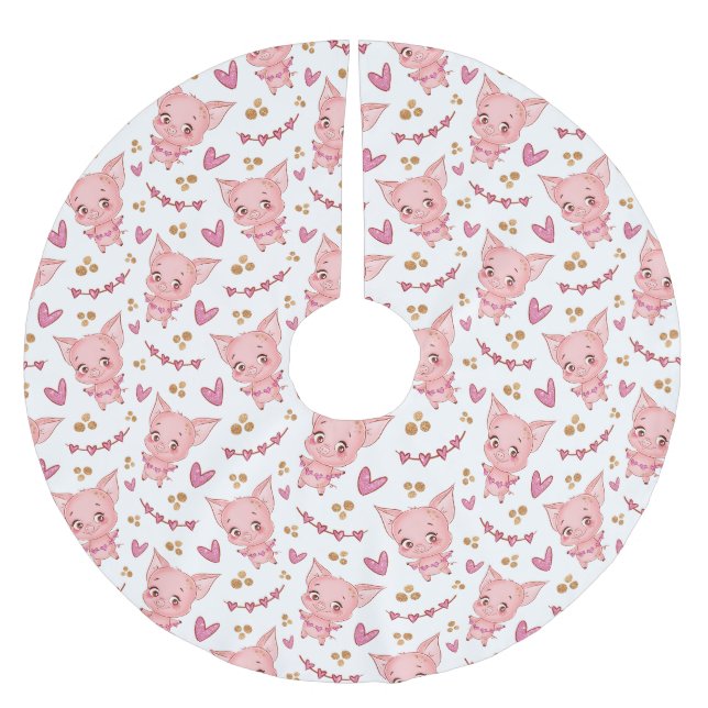 Cute Pig Pattern With Hearts Brushed Polyester Tree Skirt (Front)