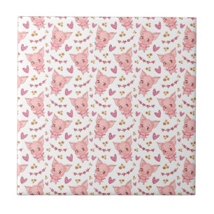 Cute Pig Pattern With Hearts  Ceramic Tile