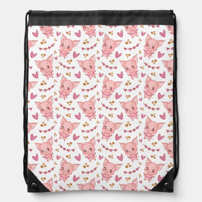 Cute Pig Pattern With Hearts Drawstring Bag (Front)