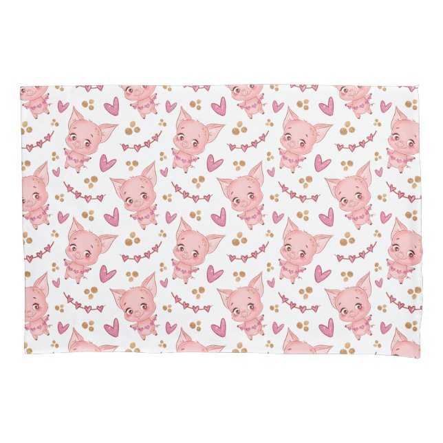 Cute Pig Pattern With Hearts Pillow Case (Front)