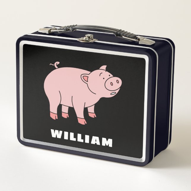 Cute Pig Personalized Custom Name Back To School Metal Lunch Box (Front)