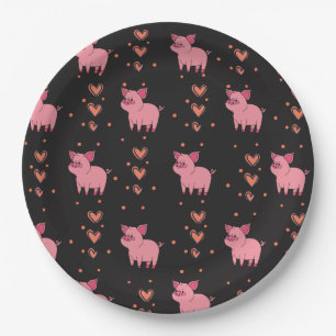 Cute Pig Piggy with Pink Heart Pattern Black Style Paper Plates