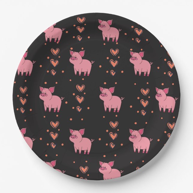 Cute Pig Piggy with Pink Heart Pattern Black Style Paper Plates (Front)
