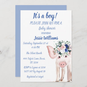 Cute Pig Piglet Farm Animals Blue Baby Boy Invitation