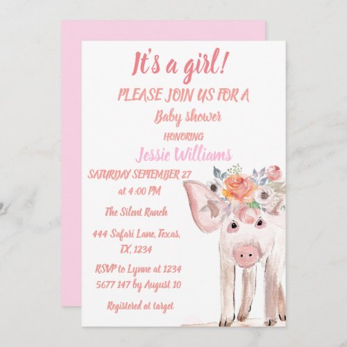 Cute Pig Piglet Farm Animals Pink Baby Girl  Invitation