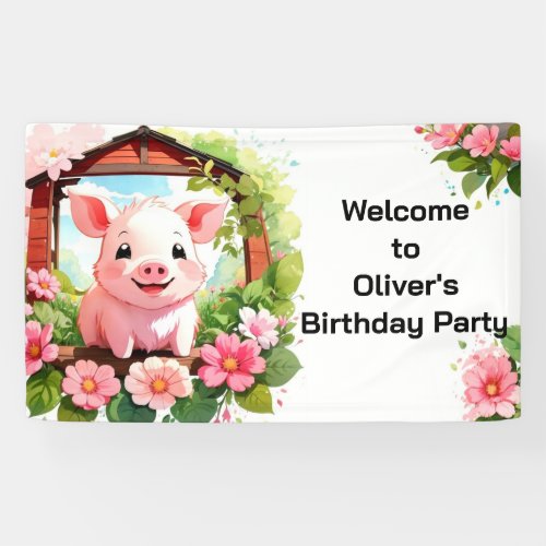 Cute Pig Pink Barnyard Birthday Banner