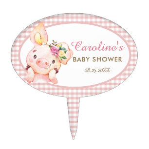 Cute Pig Pink Floral Baby Shower Birthday Gingham Cake Topper